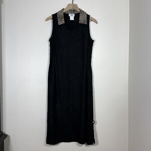Vtg Studio Ease Petite Womens 100% Linen Midi Dress 10P Black Animal Print Chic